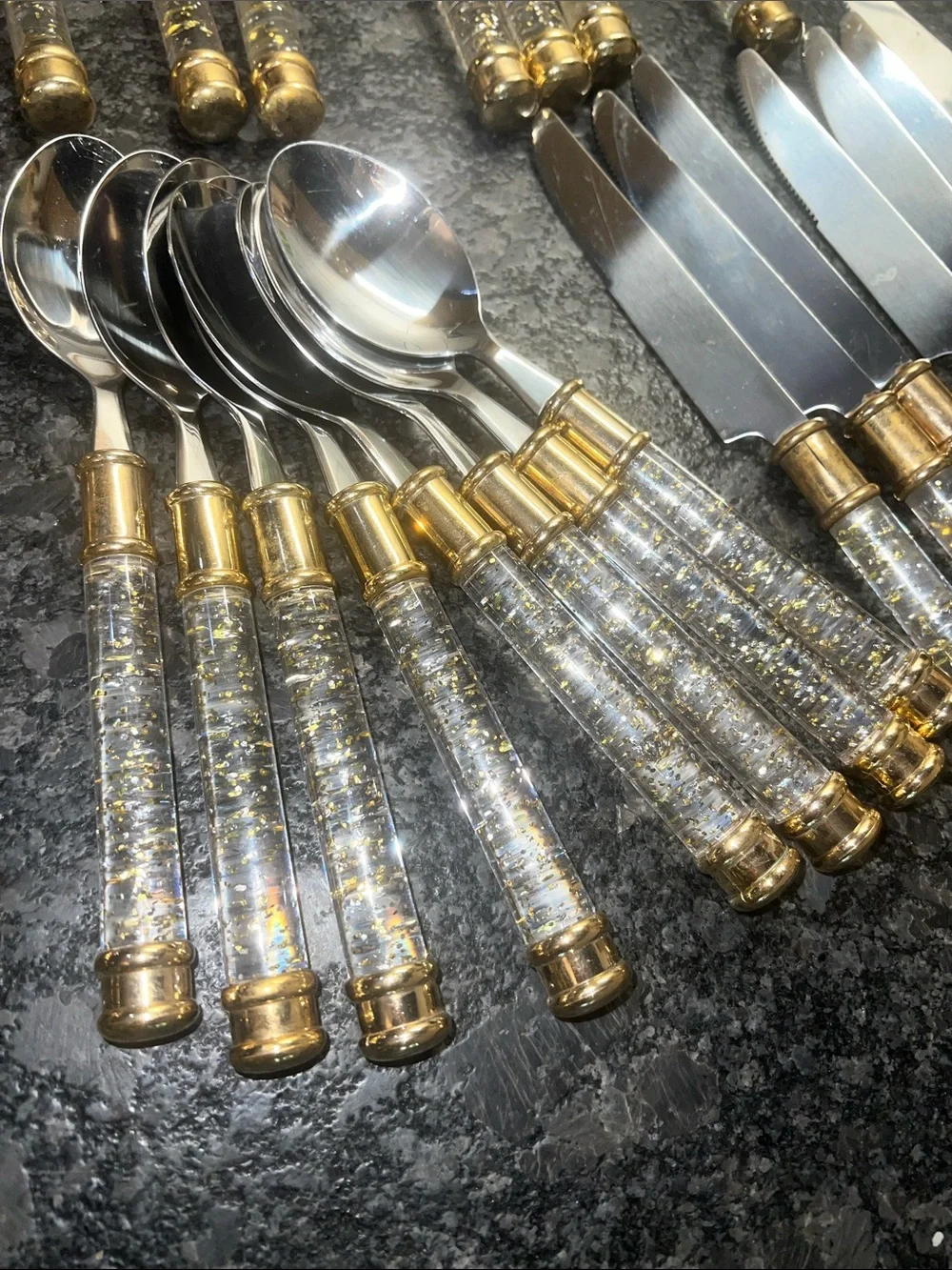 34 pieces MCM Stainless Lucite Handle with Gold Accent Flatware Set -